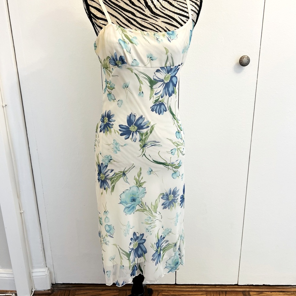 Necessary Objects Blue, White and Green Floral Midi Dress